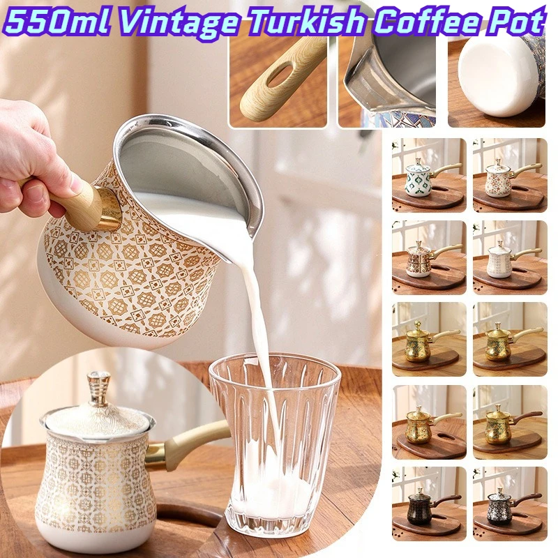 550ml Vintage Turkish Coffee Pot Set with Warmer Base Golden Stainless Steel Teapot Non-Slip Handle for Home Kitchen Decor