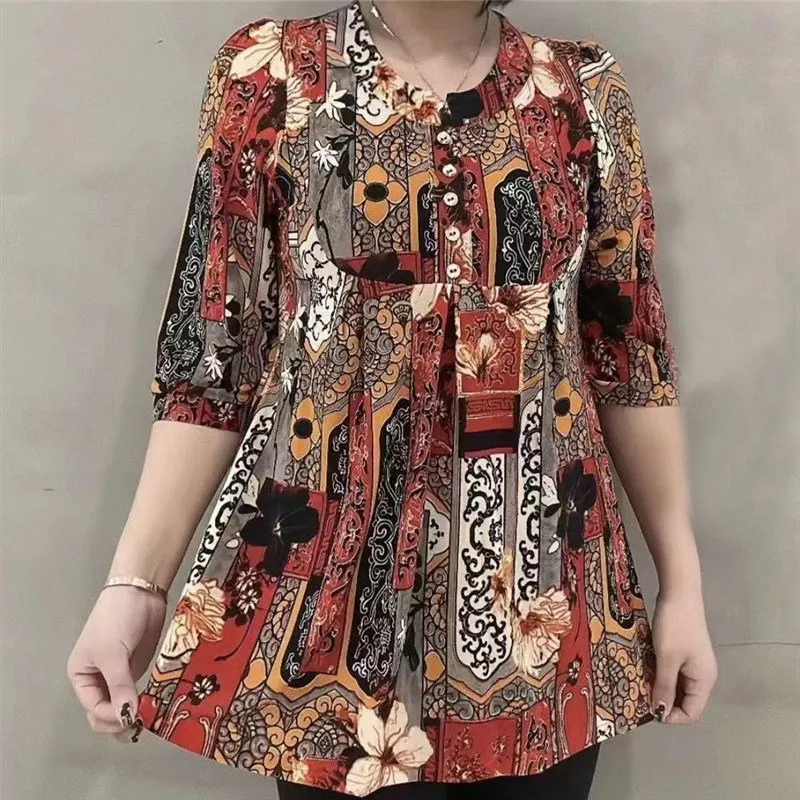 Women Clothes Casual Vintage Floral Print Ethnic Style Ice Silk T-shirt Summer Fashion O Neck 3/4 Sleeve Loose Tunic Ladies Tops