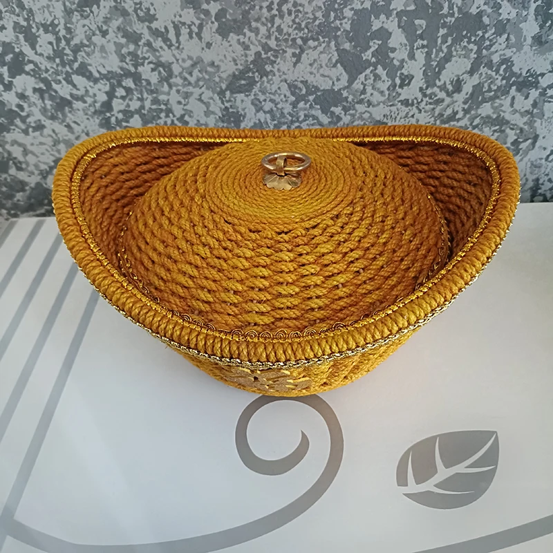 

100% handmade Natural woven Vintage Chinese Style yuanbao Basket rope storage candy box lucky bag pot new year Decorative