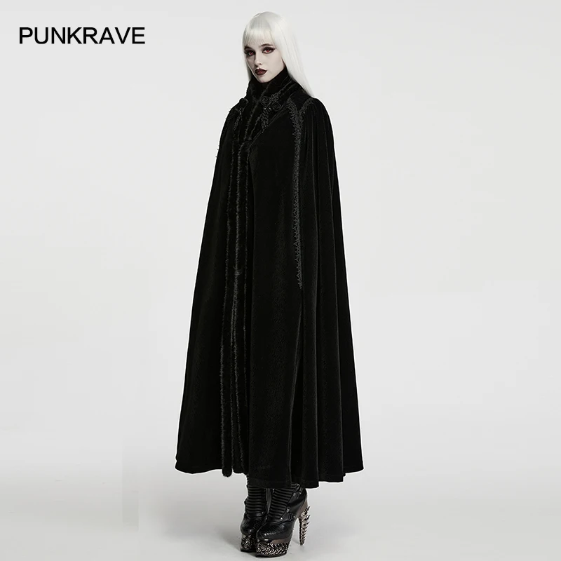 PUNK RAVE Women's Gothic Tree-patterned Flat Velvet Eco-friendly Wool Dark Night Noble Cloak Mystery Party Club Gorgeous Coat