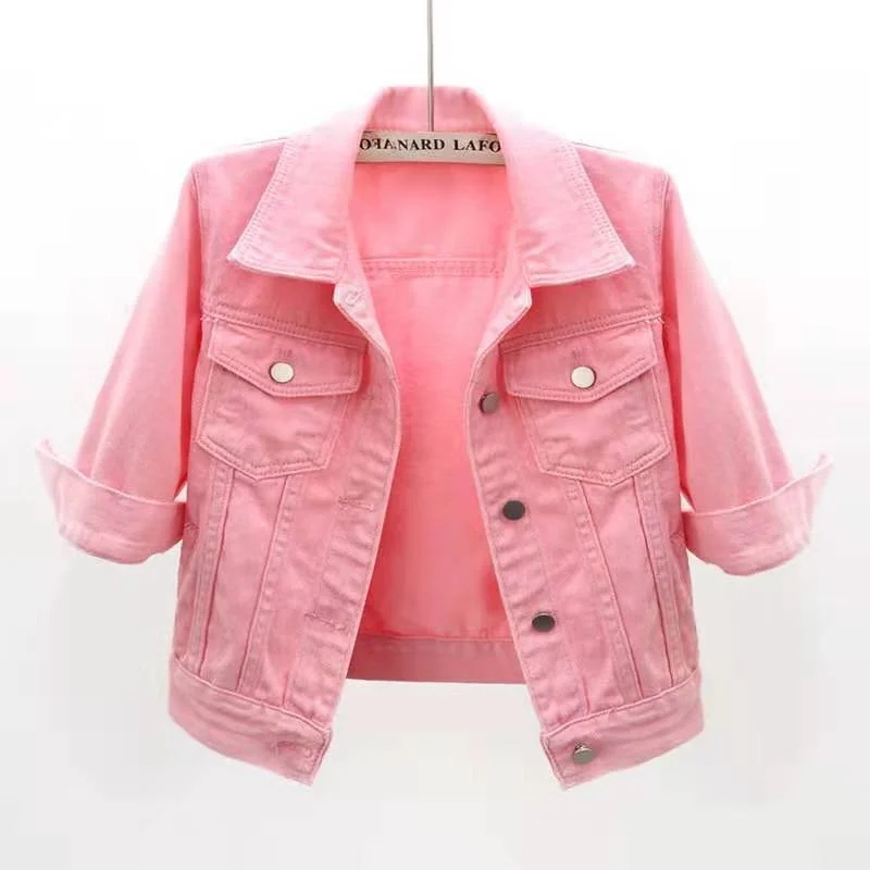 Women Denim Jacket Spring Summer Short Coat Pink Yellow White Jean Jackets Casual Tops Famale Cowboy Jackets Lady Outerwear