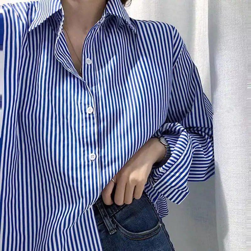 Blue Striped All-match Youth Trend Blouse Women Clothing Spring Autumn New Long Sleeve Polo Neck Vintage Shirt Tops Casual Trend