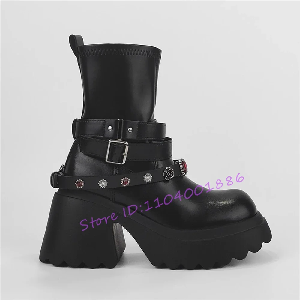

Platform Round Toe Short Boots for Women Punk Rhinestone Belt Buckle Thick High Heels Knight Boots Autumn Winter Fashion Shoes