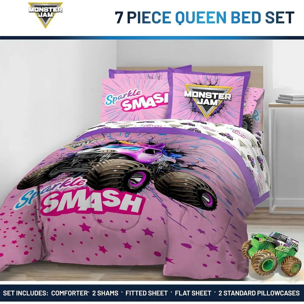 モンスタージャム ピンク 7点クイーン寝具セット シーツと枕カバー付きで快適でスタイリッシュな睡眠を実現