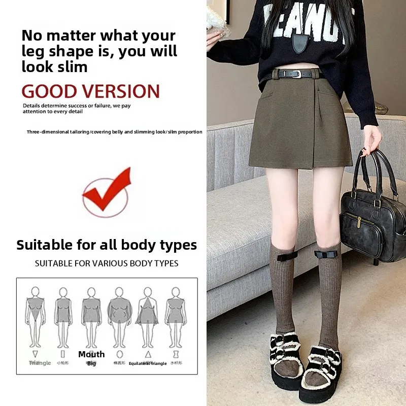 ay Thi Wollrockhose Damen Herbst Winter Oberbekleidung Kleine Größe A-Linie Stiefelhose Asymmetrische Orts