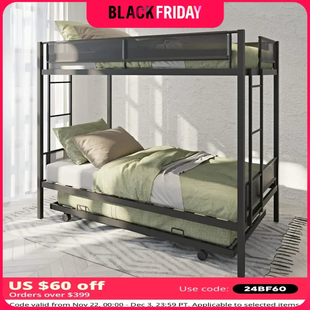 Metal Bunk Beds, with Trundle,2 Ladders for Boys Girls Adults, for Kids Teens (Upgrade),Convertible Bunk Beds