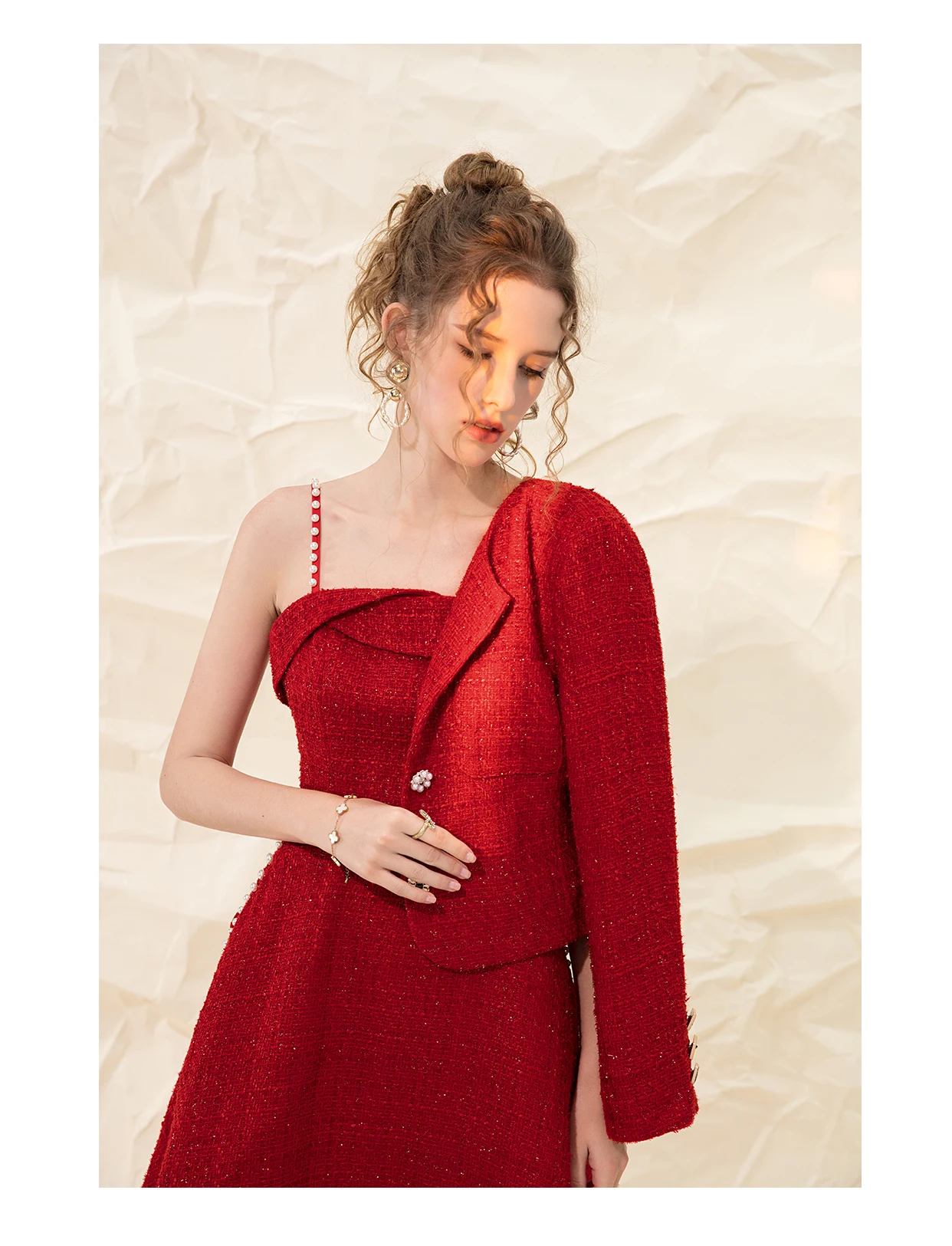 Vestido retro de tweed con perlas, traje rojo para mujer, vestido swing para invitados de boda