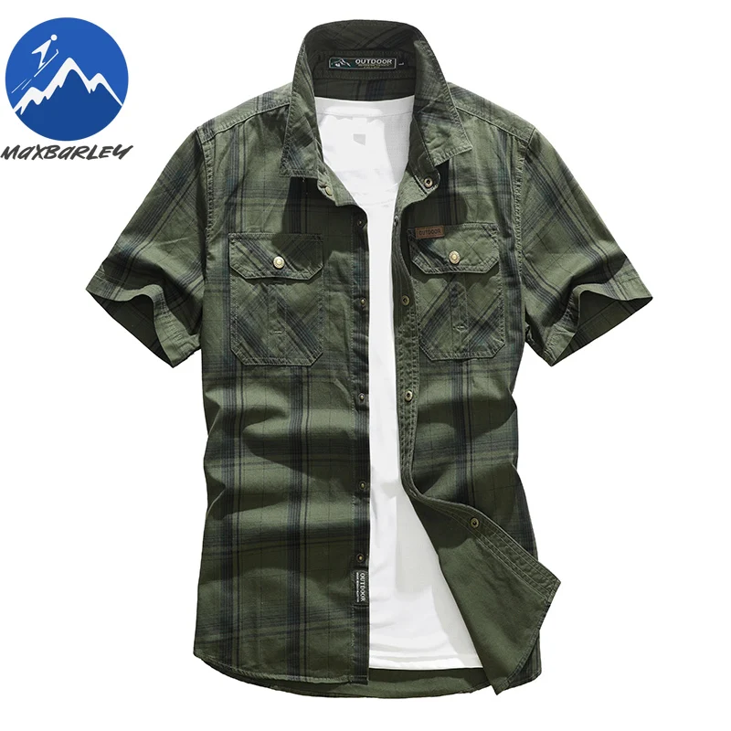

Maxbarley Summer Shirt Men Casual Fashion Cotton Plaid Button Short Sleeve Man Large Size Hiking Hunting Thin Pocket Work Tops