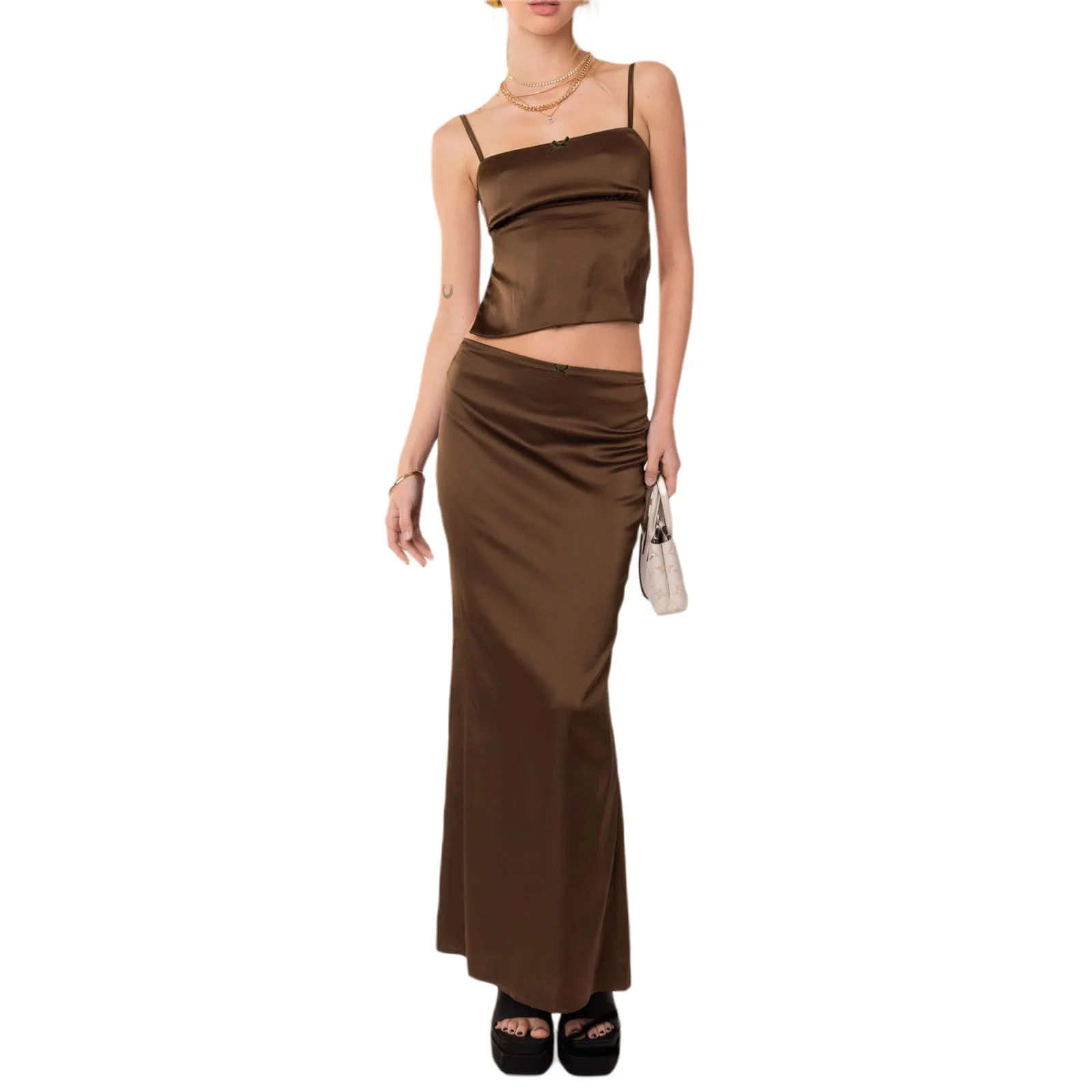 

Womens Satin 2 Piece Skirts Sets Sexy Summer Cami Backless Crop Top Bodycon Maxi Skirts Ouffits Y2K Club Streetwear 2023 New