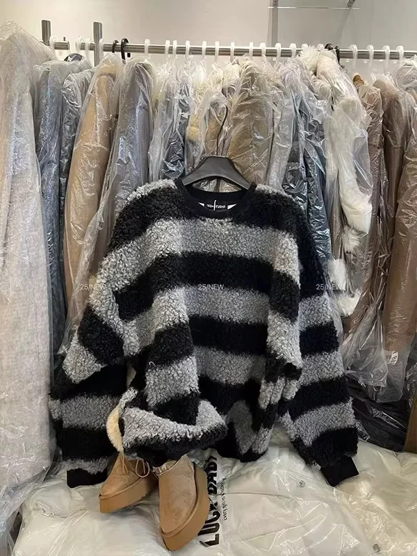 

Женская толстовка оверсайз из овечьей шерсти с пэчворком и полосками, 300 фунтов, осенне-зимняя, свободного кроя, в корейском стиле, повседневный топ