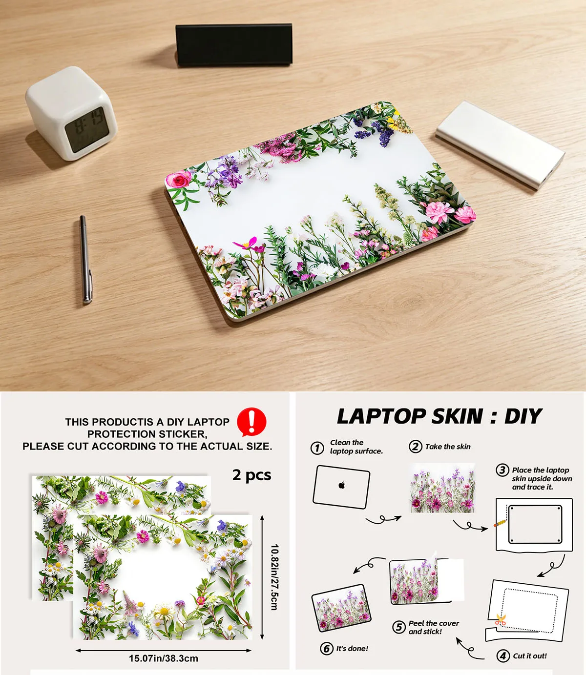 Daisy Wildflower Floral Wreath Anti Scratch Protective Laptop Skin Sticker Scratch Resistant Universal Notebook Stickers