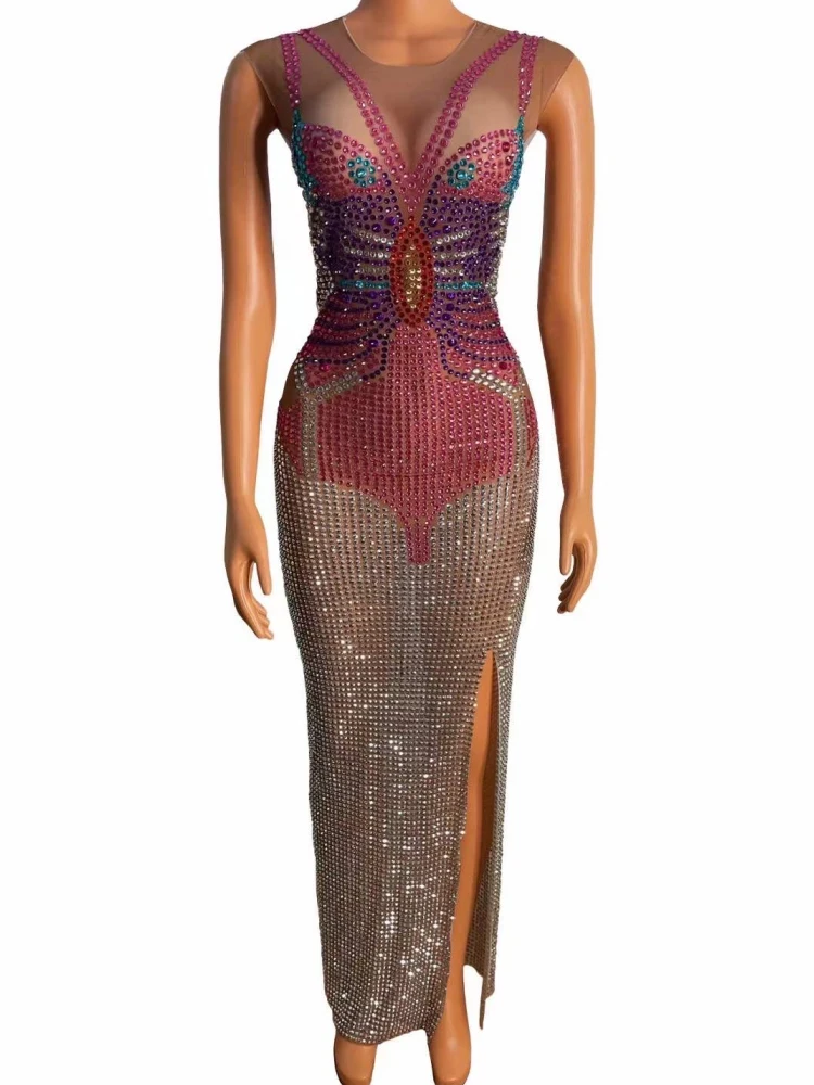 Sem mangas brilhando borboleta strass sexy vestido longo para as mulheres festa de noite roupas palco cantor traje formatura veste