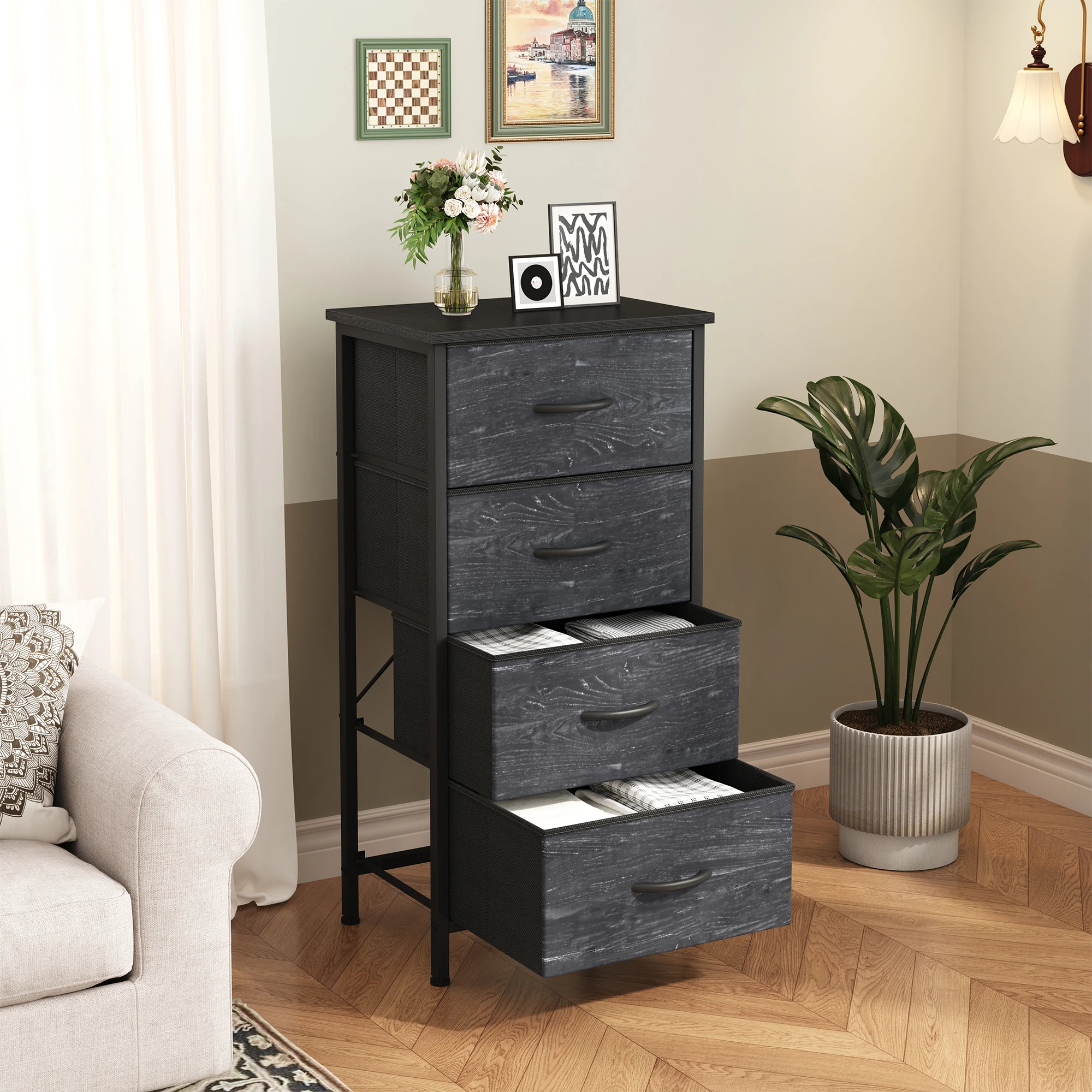 #￥JHK 4 Fabric Drawers  Cabinets for Living Room Wood Top Sturdy Steel Frame Layers With Wardrobe Assembly Closet