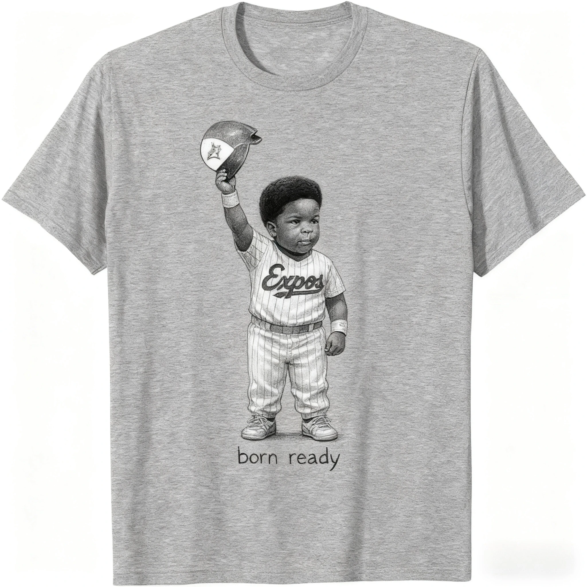 تي شيرت "Born Ready" Expos Vintage Kid Graphic تي شيرت أبيض كلاسيكي لمحبي الحنين Expos 100% قطن قصير الأكمام للجنسين تي شيرت فضفاض