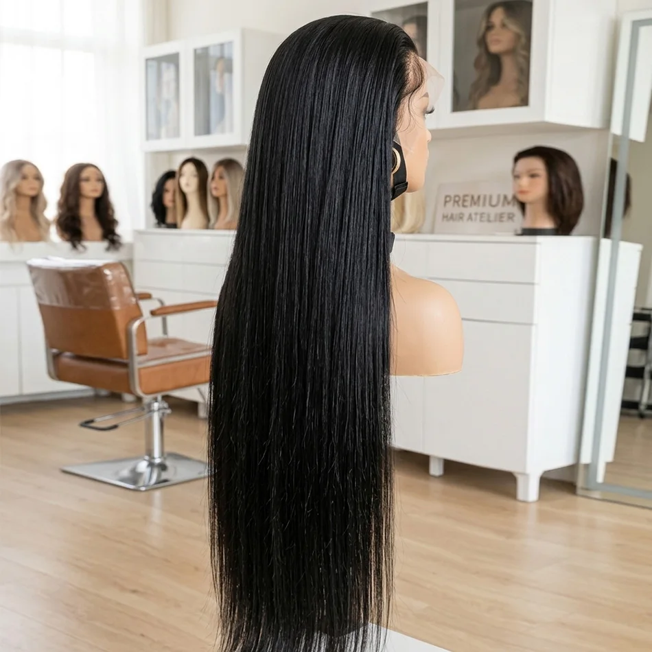 

Luxury 40 Inch Extra Long 250% Density Natural Black 13x6 HD Lace Frontal Bone Straight Silky Soft 13x4 Remy Human Hair Wigs Wear and Go Pre Plucked Hairline Invisible Bleached Knots 5x5 Glueless Closure Thick Ends