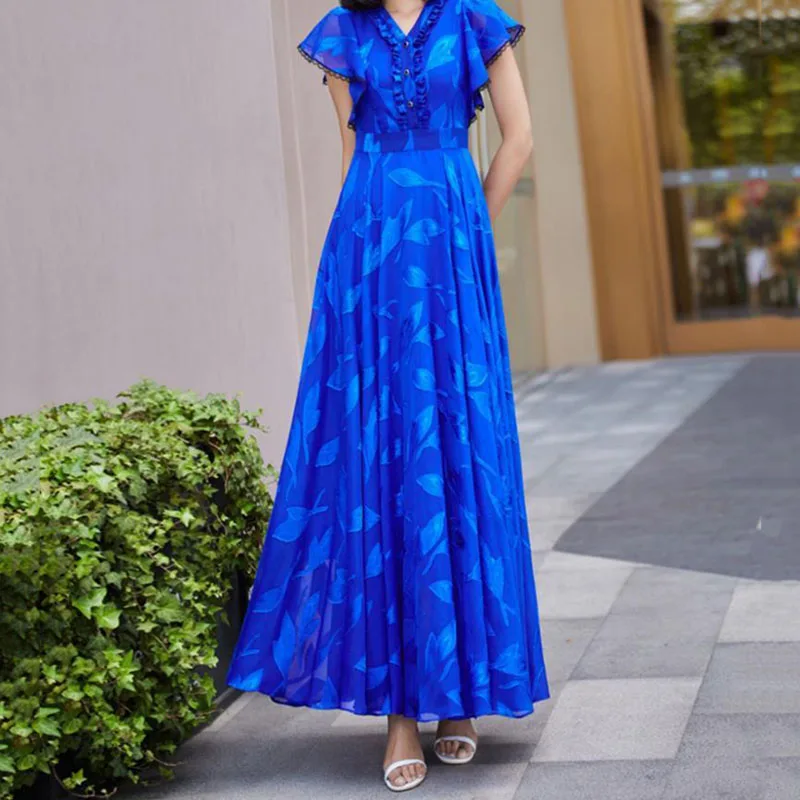 Blue Women 2024 New Summer Chiffon Boho Dress elegante Floral Beach Chic Casual scollo a v Fashion Long Prom abiti aderenti per