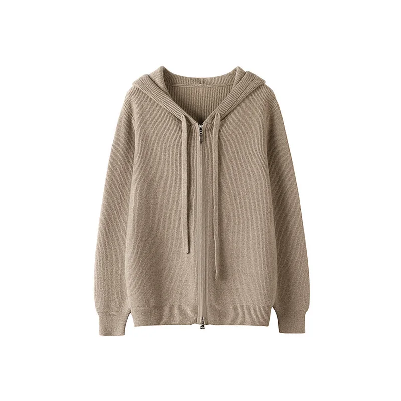 

Women 100% Merino Wool Hooded Zip-Up Cardigan New Hot Sale Simple and Elegant Long Sleeve Autumn Winter Cashmere Knitwear Top