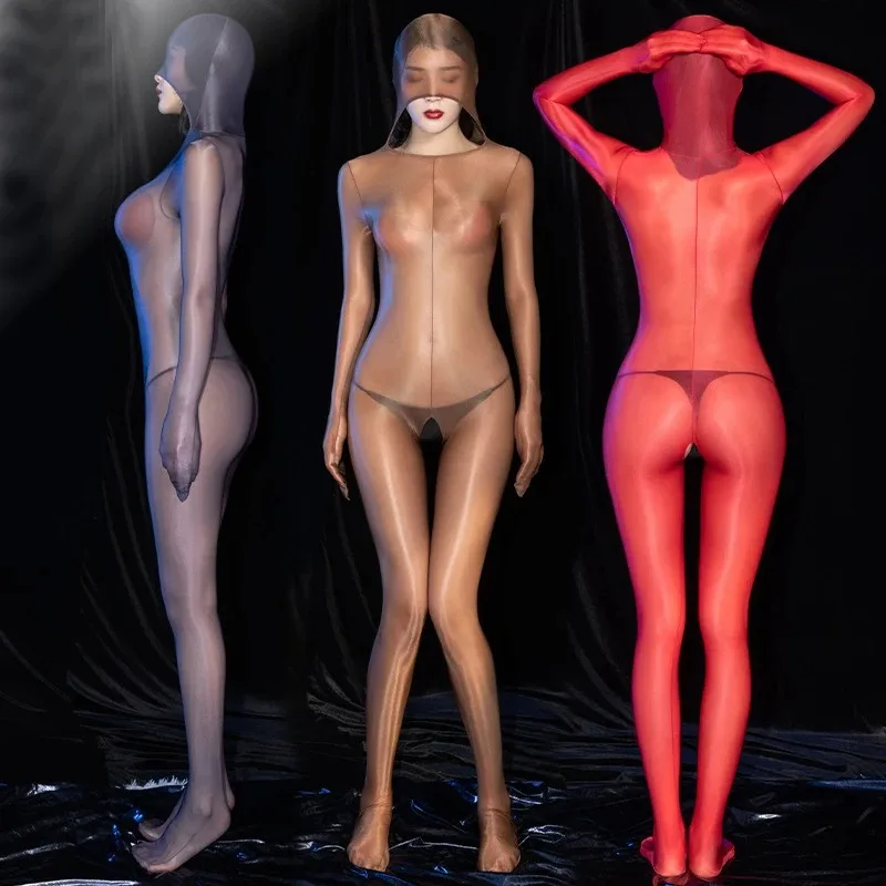 Exotic Hooded Open Crotch Full Body Stockings Female Erotic Oil Shiny Transparent Jumpsuit Bodysuit Women Sexy Slim Nightwear