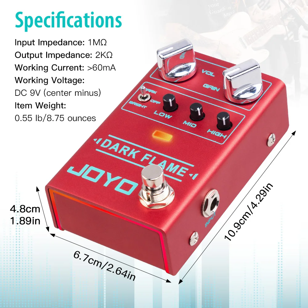 JOYO-R-17 Dark Smoke High Gain Distortion Guitar Pedal, 3 Band EQ, Metal para Riffs e Solos