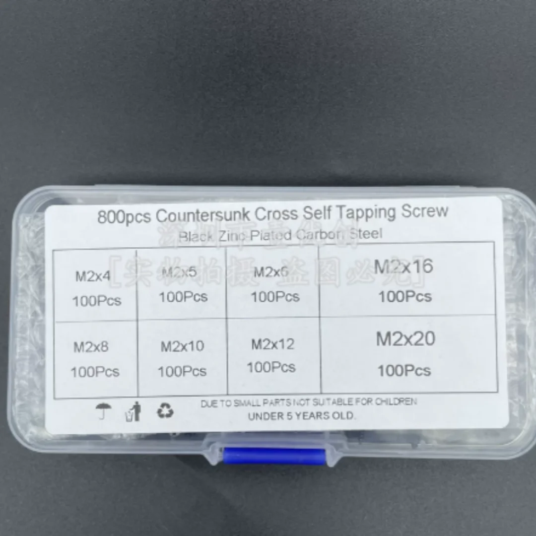 8 Kinds Iron Black KA Screw Box Set, 800PCS Carbon Steel Phillips Flat Head Self-Tapping Screws M2 Assortment Kit