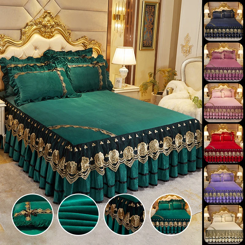 

Crystal Velvet Thicken Mattress Cover Lace Embroidery Bedspread Quilted Fitted Bed Sheet Ruffle Bed Skirt Without Pillowcases