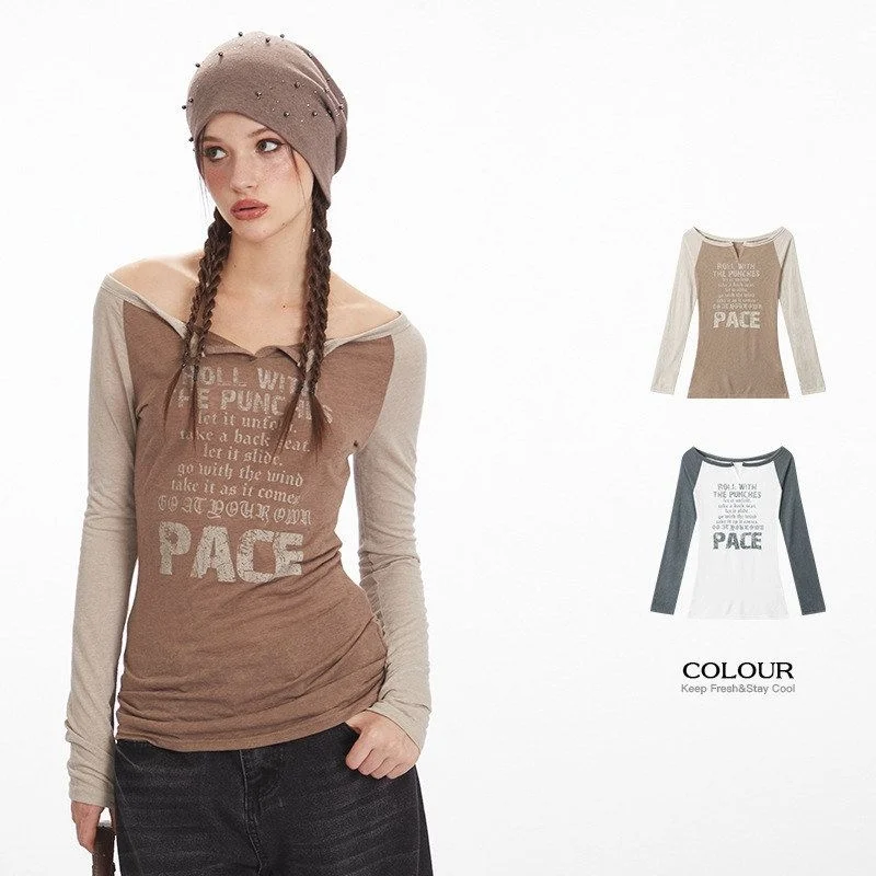 

HeyHenry Vintage oulder Bared Long Sve Slim Fit T-irt Women's Print Design Autumn Waist Cinched American Sle Top