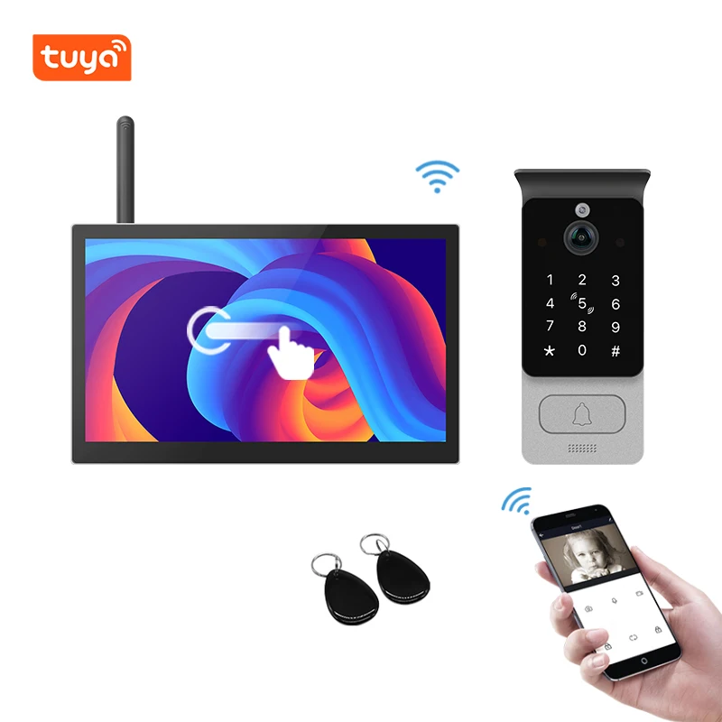 هاتف Tuya Smart 2MP IP Video Door مع شاشة لمس 10 بوصة ومواد معدنية تتميز بالتحكم في الوصول إلى البطاقة الممغنطة