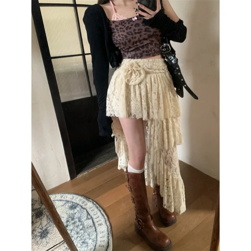 

Summer Vintage Korean Retro High Street Three-dimensional Flower Lace Low Waist Skirt Streetwear Fashion Irregular Skirt