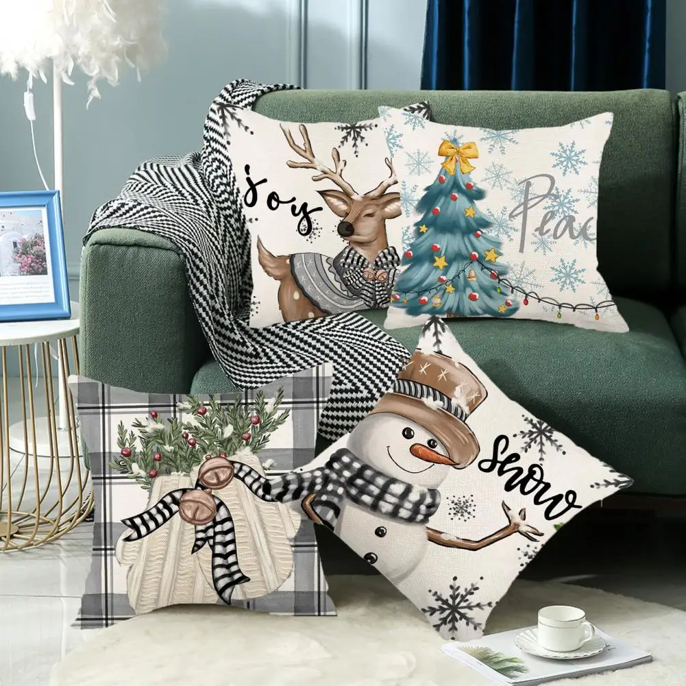 Dust Pillow Case Soft Flax Pillow Case Christmas Square Pillow Case Snowman Reindeer Snowflake Tree Print for Home