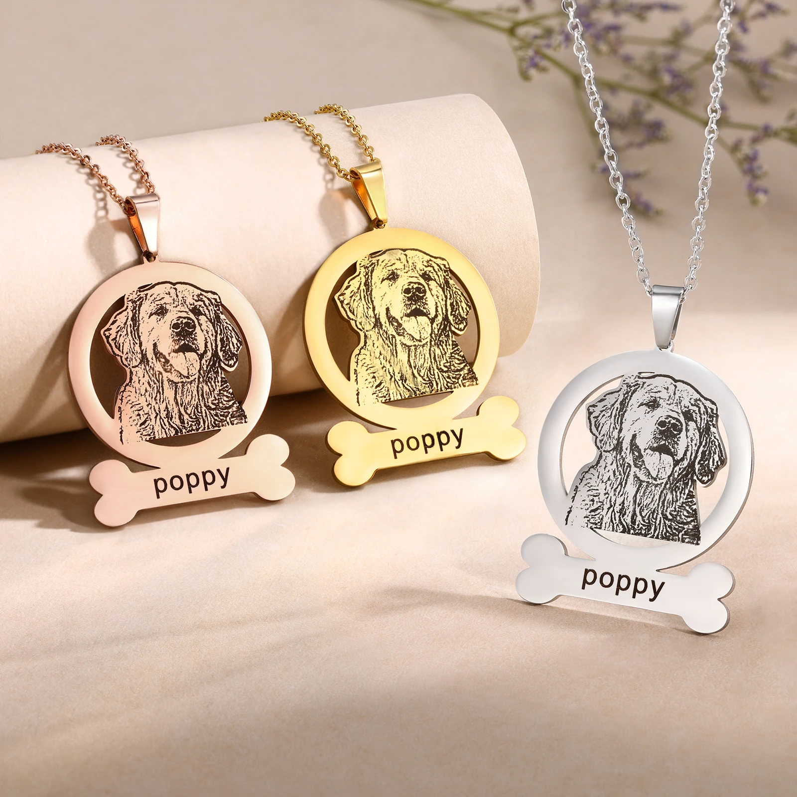 

Ожерелье с портретом домашнего животного на заказ, персонализированные ювелирные изделия, выгравированное изображение домашнего животного, кулон в форме кости, уникальные ожерелья на тему домашних животных