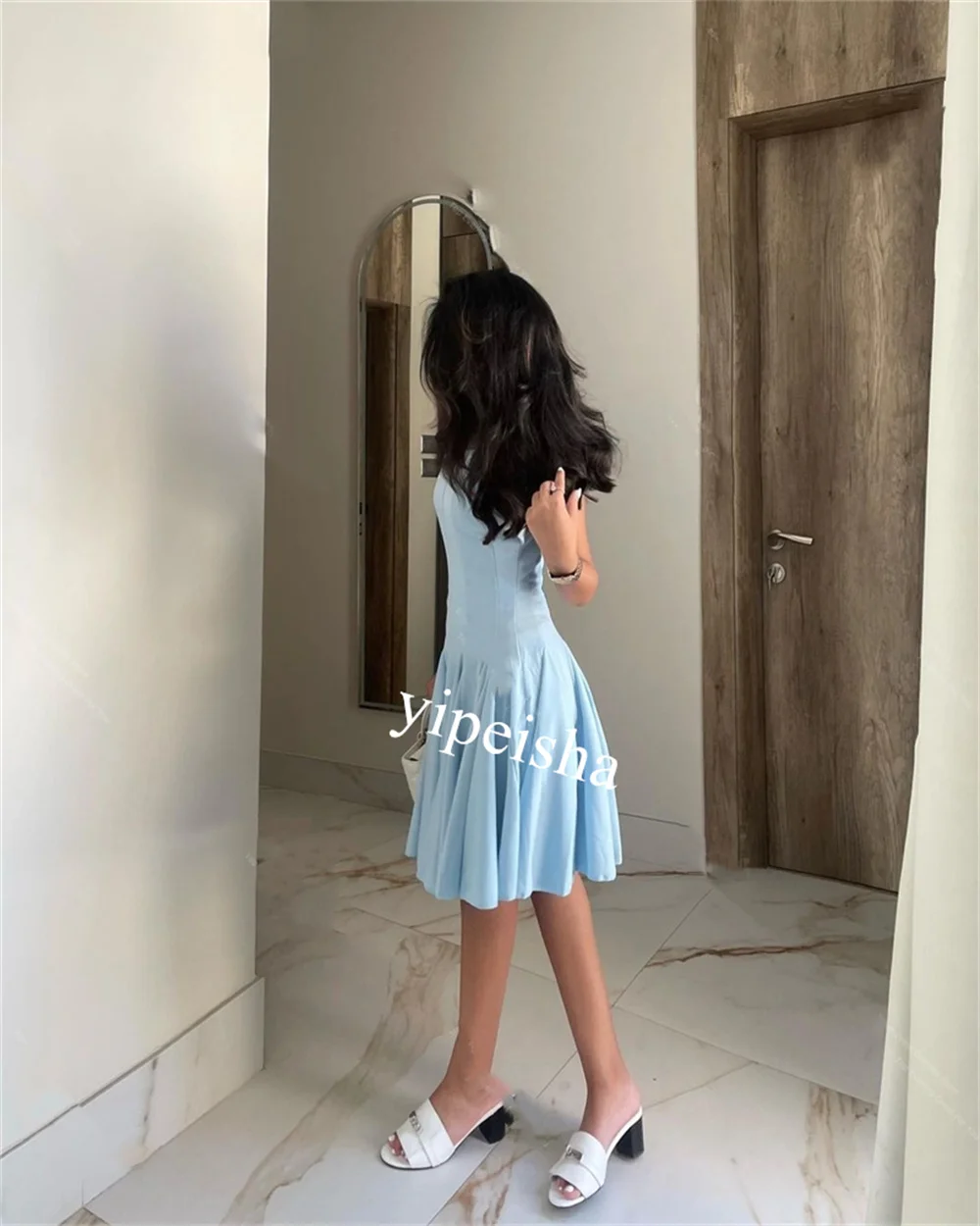 Customized  Evening Charmeuse Ruched Formal  A-line Scoop Neck Bespoke Occasion Gown Knee Length Dresses   
