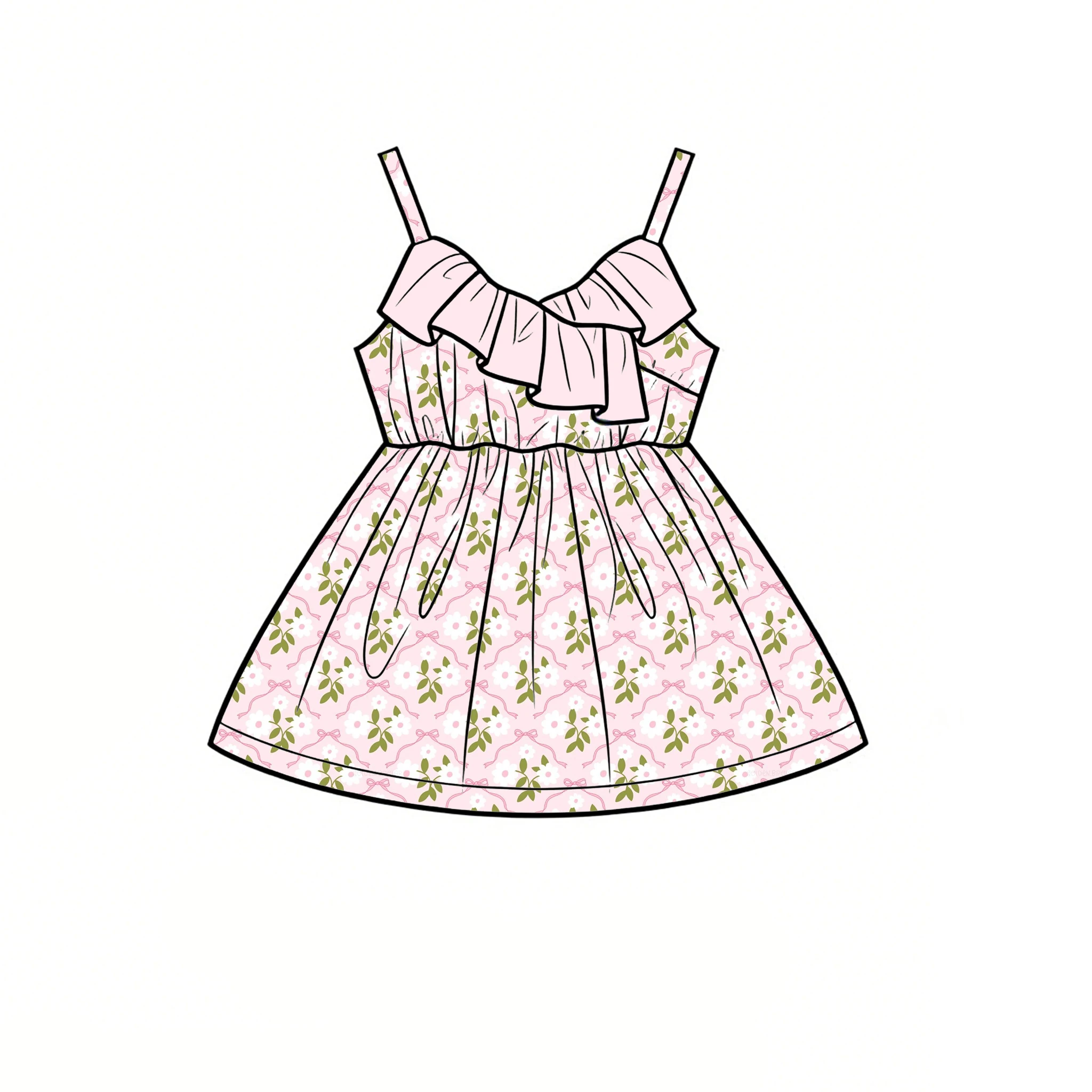 Girls' ruffled sundress with Independence Day bow cartoon print customizable and wholesale available