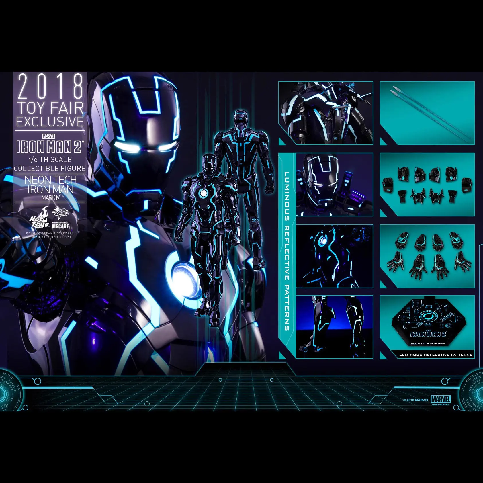 Hot Toys Marvel Figura Coleccionable de Aleación Fundida a Presión de Iron Man Mark IV de Tron Neon Tech, Escala 1/6, MMS485D24, Exclusivo de la Feria de Juguetes 2018