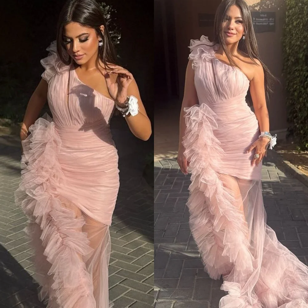 

Customized Elegant One Shoulder Sleeveless Evening Dress High Quality Tulle Prom Dresses Temperament Sweep Train Party Gowns