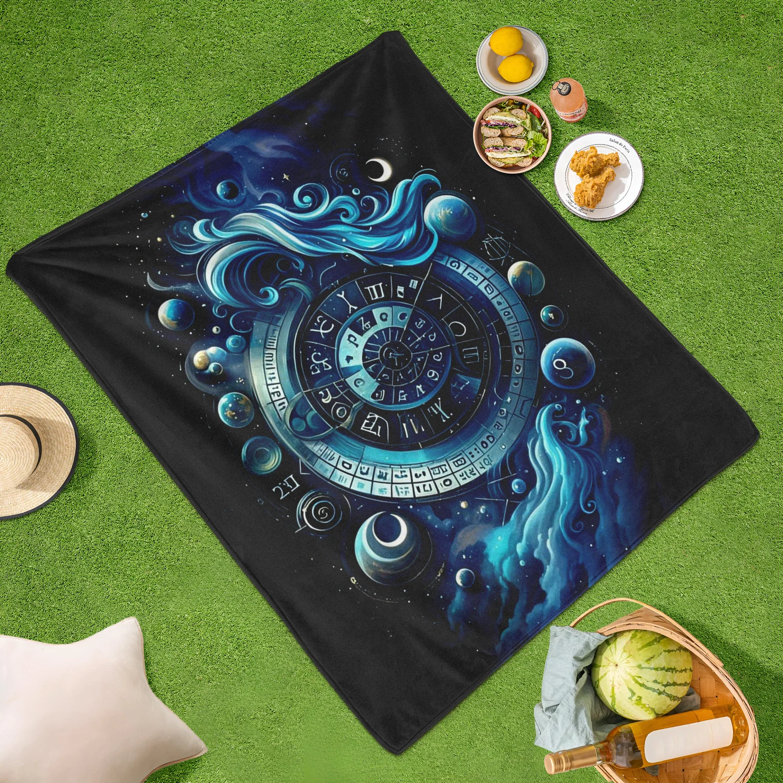 Blue Clock Compass And Starry Planet Design Outdoor Blanket For Celestial Nights And Stellar Journeys