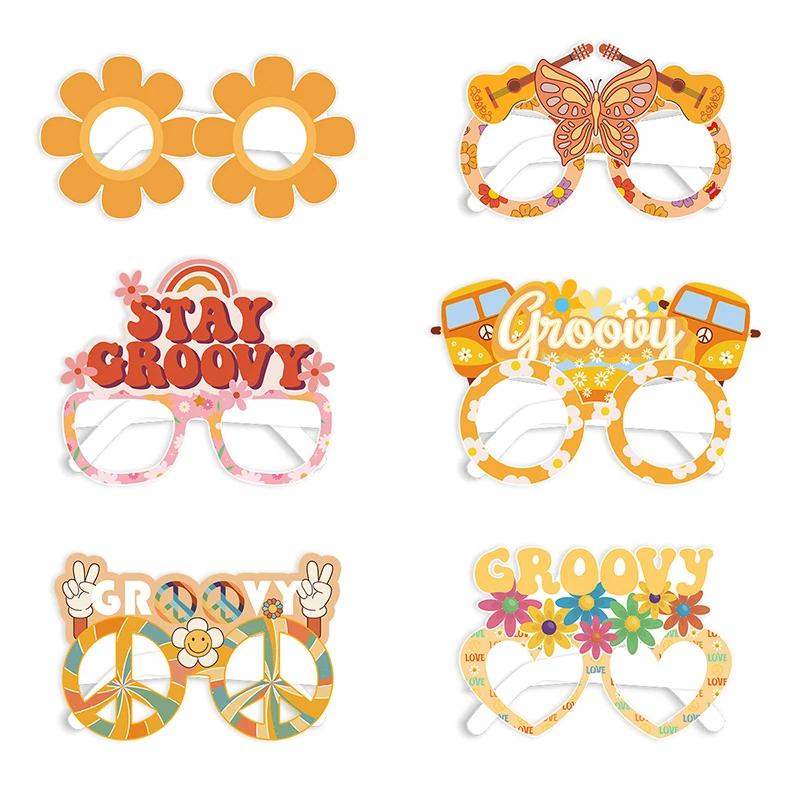 6/12 Stück Hippie Papierbrillen Boho Retro Groovy Brillen Foto-Requisiten Mädchen Gänseblümchen Geburtstagsparty Dekoration Baby-Shower-Zubehör