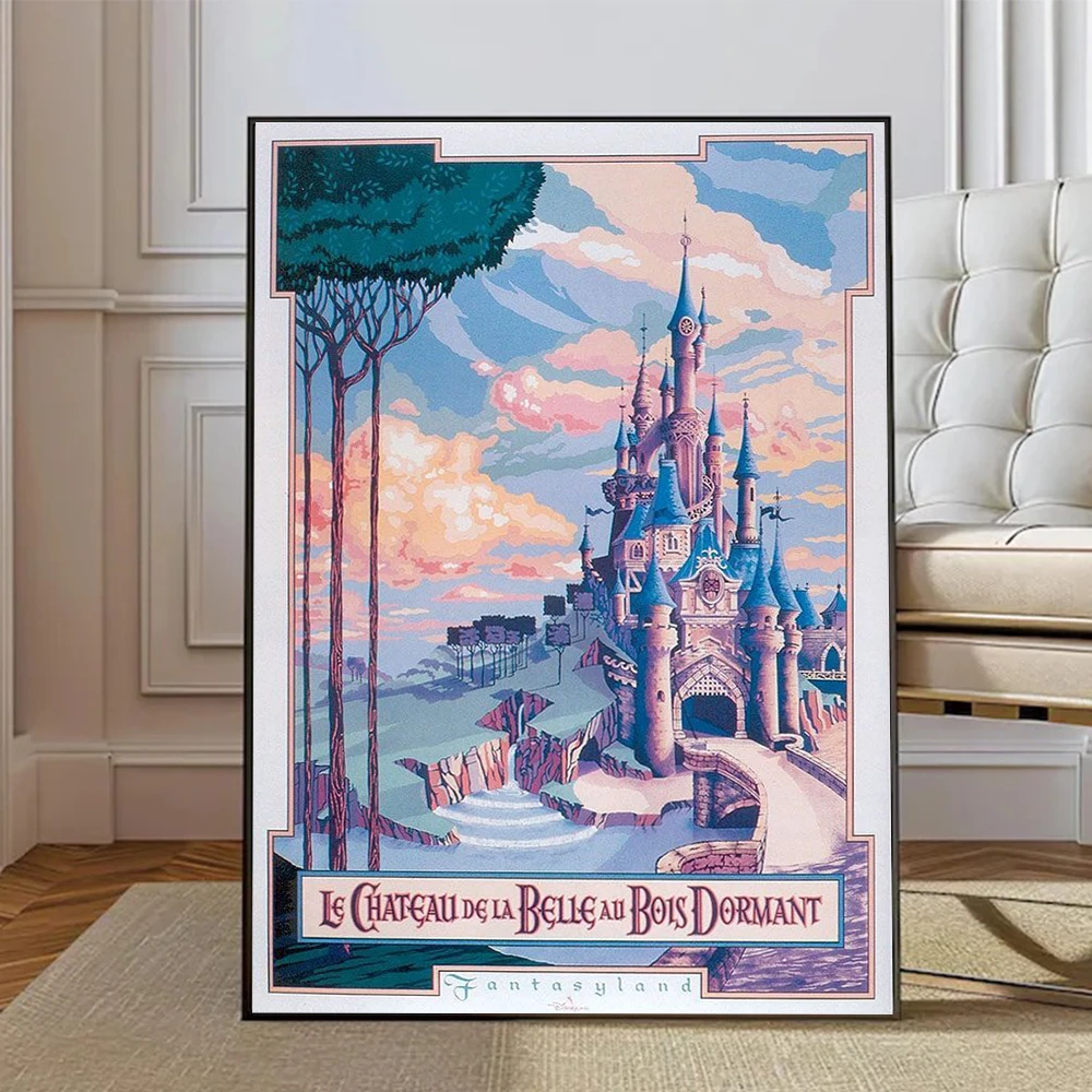 Póster de atracciones de Disneyland París, pintura en lienzo con estampado del Castillo de la Bella Durmiente de Walt Disney, arte de pared, decoración del hogar