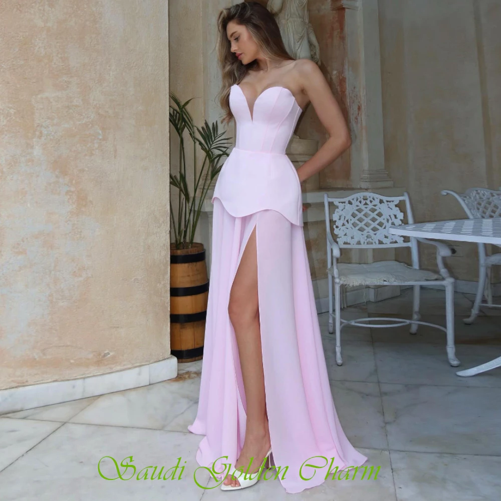 Abito da sera semplice in chiffon rosa personalizzato Abiti da festa senza maniche con scollo a cuore formale Delicato abito da ballo dritto con strascico