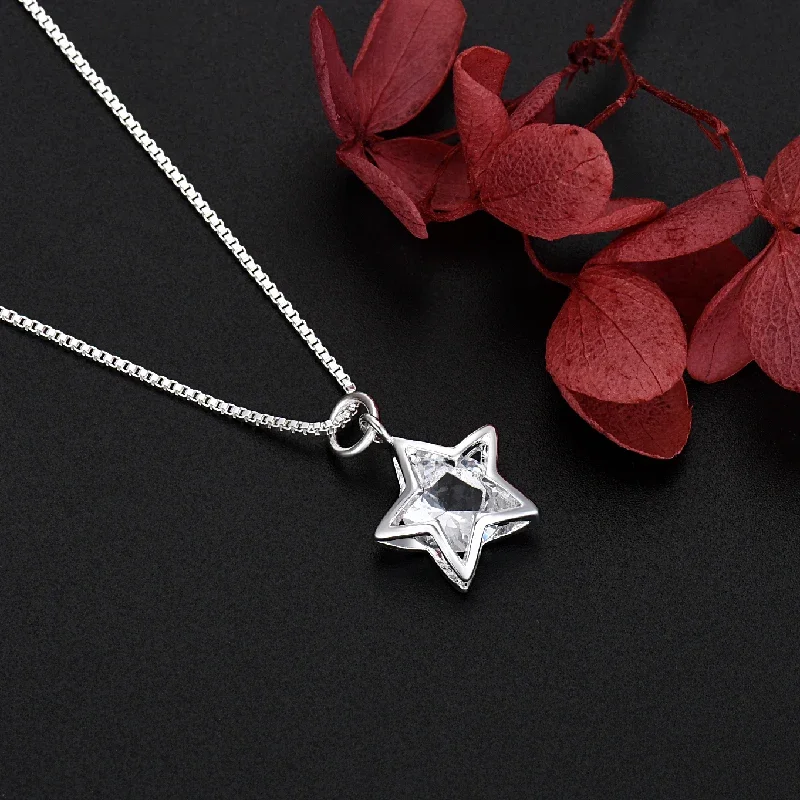 Hot luxury designer 925 Sterling Silver pretty Shining Crystal Star necklace for Women fashion Party Wedding Jewelry Couple gift