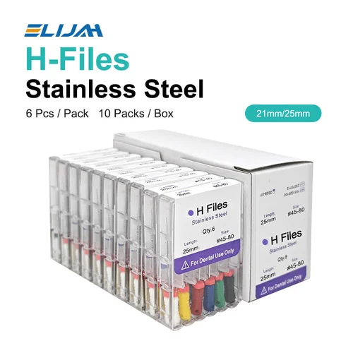 ELIJAH, 10 cajas/paquete, limas H de uso manual Dental, 21cm, 25mm, lima de conducto radicular endodóntico de acero inoxidable, tratamiento de odontología Dental