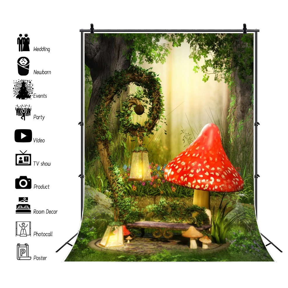 Fairy Tale Forest Mushroom Backdrop Dream Enchanted Wonderland Mushroom House Jungle Baby Birthday Photography Background Decor