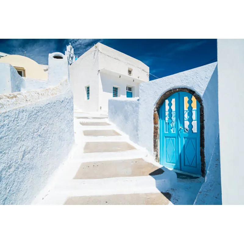 Dingsun.com blanc vieille ville de l'île de Santorin et paysage de la mer Égée arrière-plan photographique accessoire LHJ-05