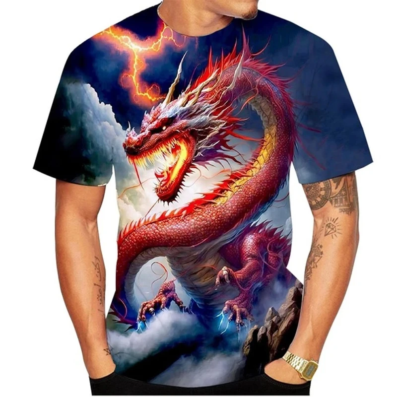 2024 New 3D Men\'s T Shirt Chinese Dragon Graphics Print Short Sleeve Tees Summer Casual O-neck Oversized Street Men Clothing Top