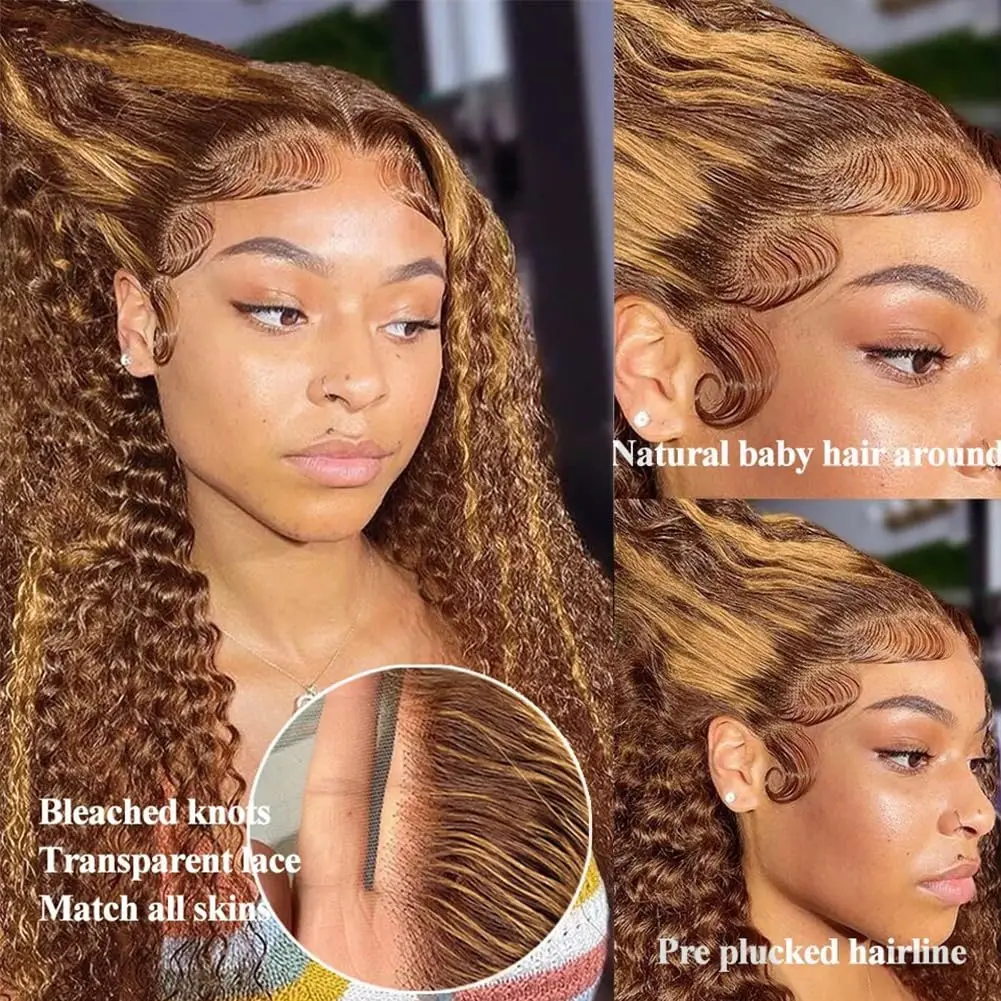 Glueless Highlight Curly Human Hair Wig 4/27 Highlight Curly Lace Front Wig HD Lace Front Human Hair Wig Glueless Wig Human Hair