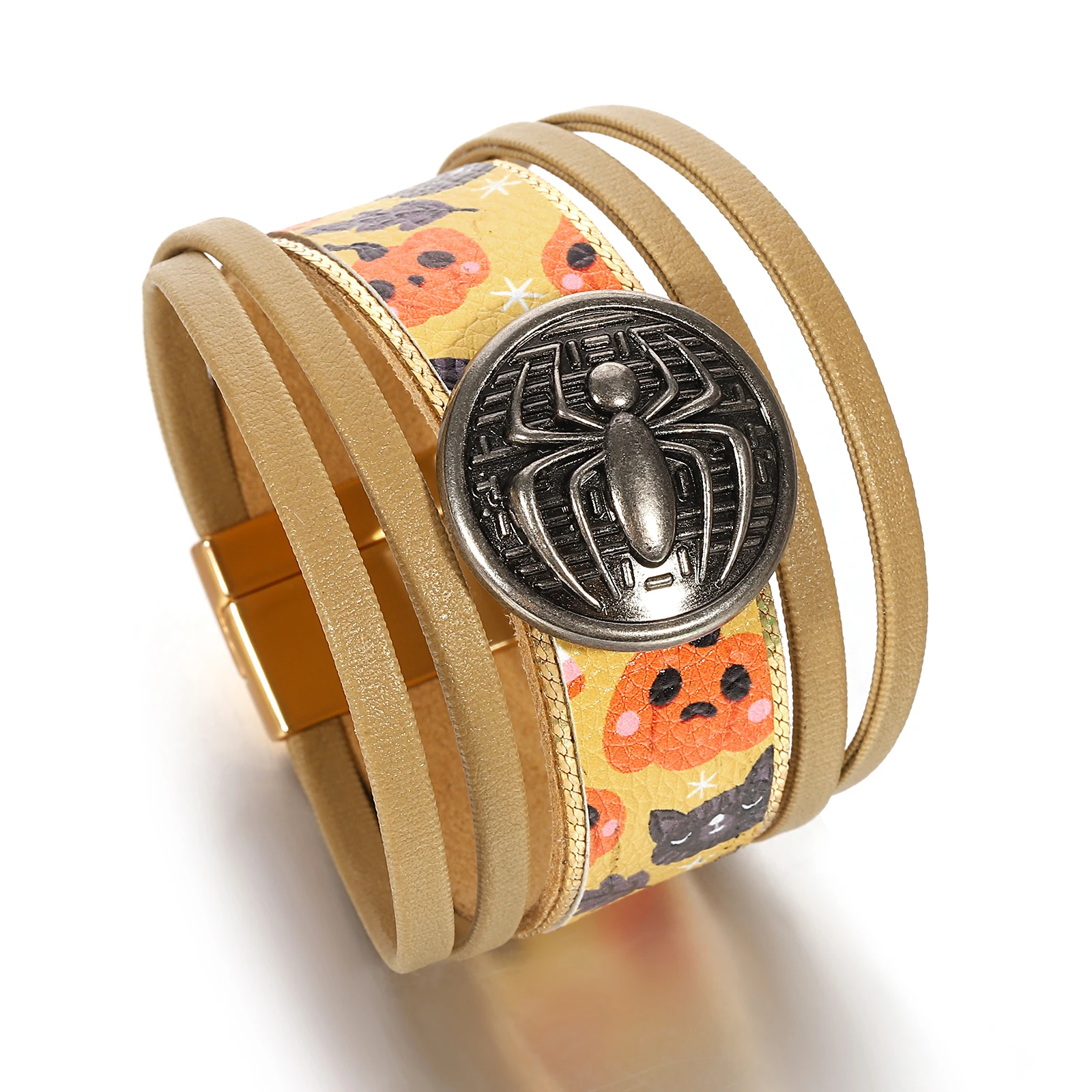 สร้อยข้อมือหนังสไตล์โกธิคสำหรับผู้หญิงและผู้ชาย ลายฟักทอง แมงมุม ผี หลายชั้น แบบพันรอบ สร้อยข้อมือกว้าง เครื่องประดับ