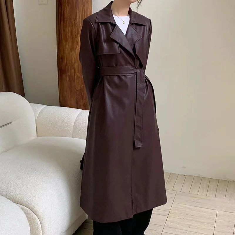 2024 Women Vegan Leather Trench Coat Lady Long Coats Windbreaker Female Leather Overcoat QX5998