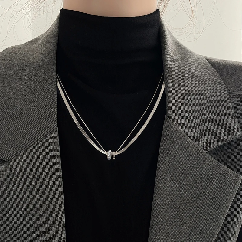 Trendy Stainless Steel Double Layer Necklace for Women Fashion Crystal Bead Pendant Necklaces Clavicle Chain Party Jewelry image 4