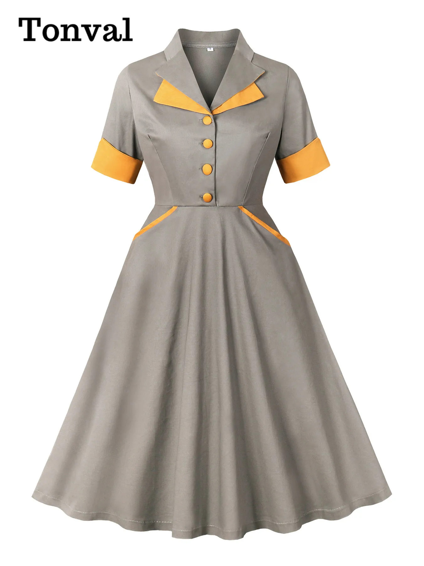 Tonval Gri ve Sarı Çentikli Yaka Cepler Midi Elbiseler Sonbahar Giyim Yarım Kollu Vintage Pamuk Elbise Kadınlar Zarif