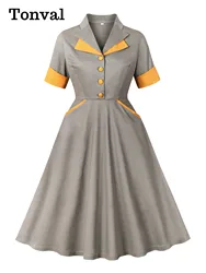 Tonval Grey and Yellow Notched Collar Pockets Midi Dresses Autumn Clothing Half Sleeve Vintage Cotton Dress Women Elegant