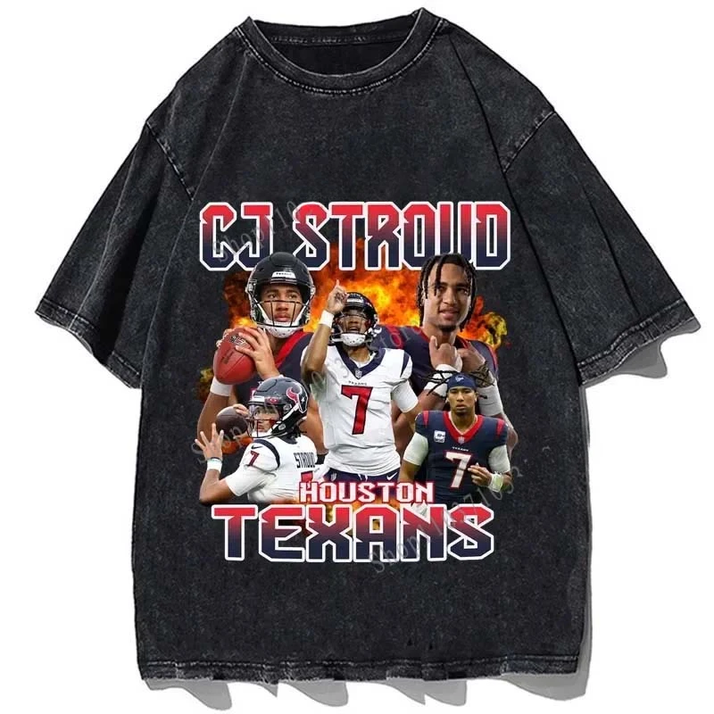 CJ Stround Printed Tshirt Houston Texans Graphic T-shirt Vintage Cotton Loose Oversize T Shirts Men Casual Streetwear Tees Tops